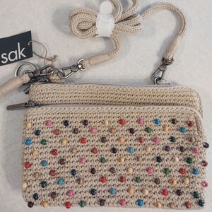 The Sak Tan Crochet Wristlet with Multicolor Beads